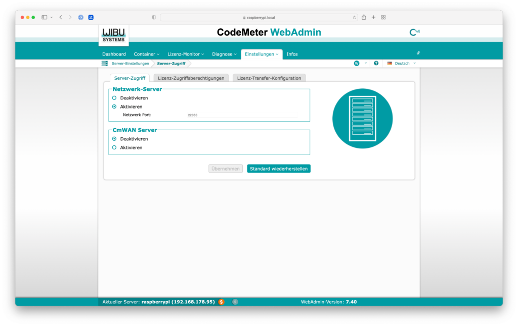 Codemeter Netzwerkserver erfolgreich aktiviert