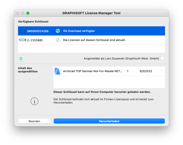 07 screenshot graphisoft license manager tool schluessel als download verfuegbar