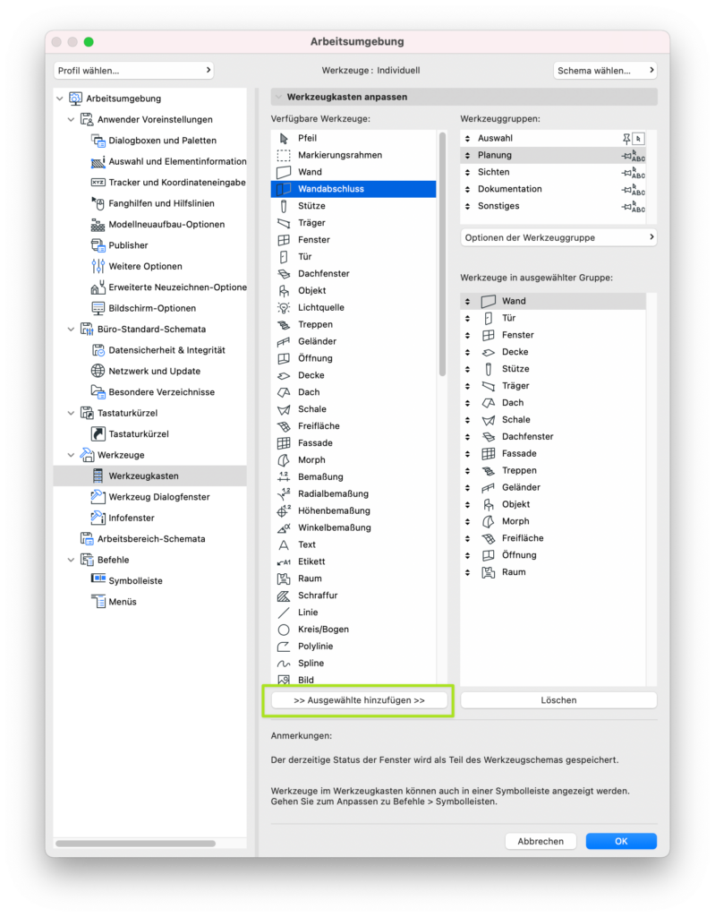 16 archicad augewaehlte hinzufuegen