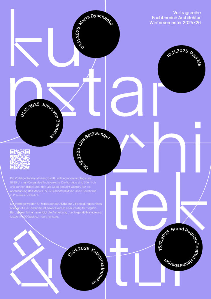 Plakat mit großem hellblauem Text "kunst architektur", überlagert von schwarzen Kreisen, in denen Vorlesungstermine und Referenten für eine universitäre Architekturreihe im Wintersemester 2025/26 aufgelistet sind, gestylt wie ein automatisch gespeicherter Entwurf.