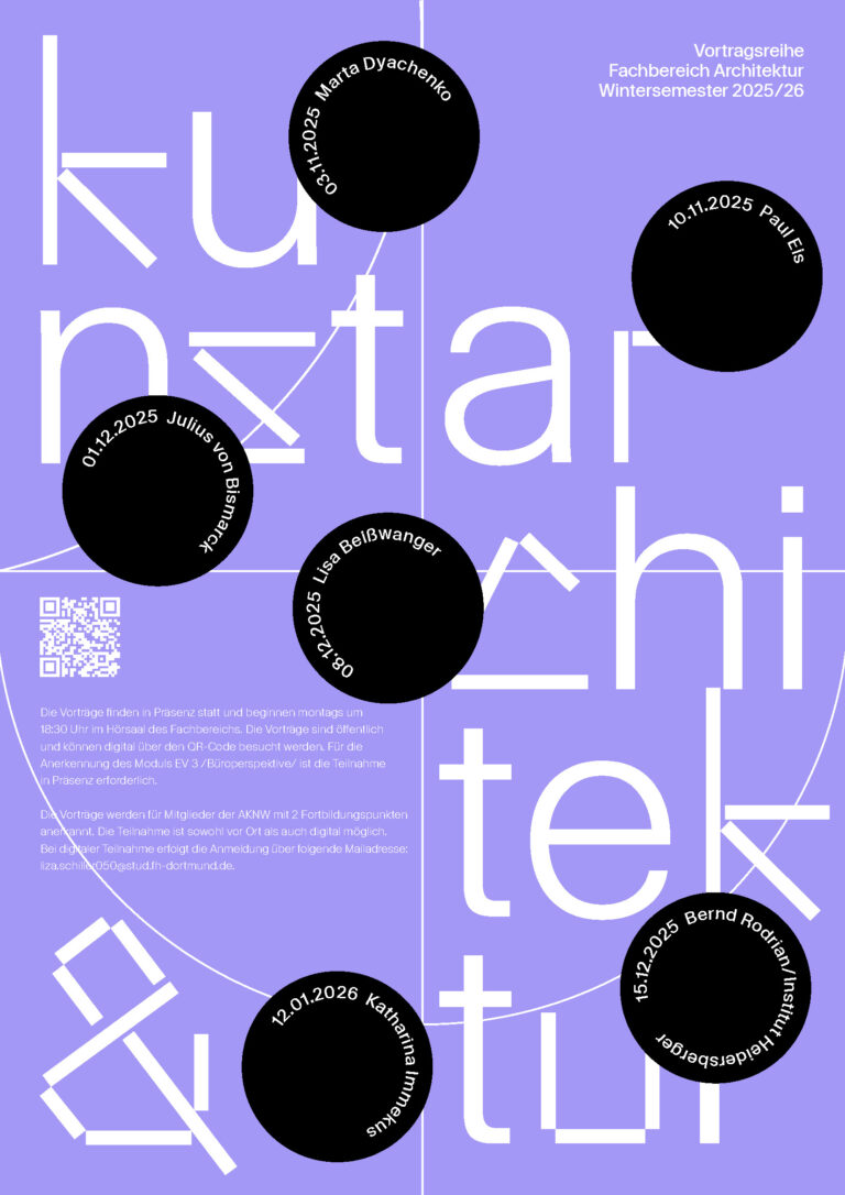 Plakat mit großem hellblauem Text "kunst architektur", überlagert von schwarzen Kreisen, in denen Vorlesungstermine und Referenten für eine universitäre Architekturreihe im Wintersemester 2025/26 aufgelistet sind, gestylt wie ein automatisch gespeicherter Entwurf.