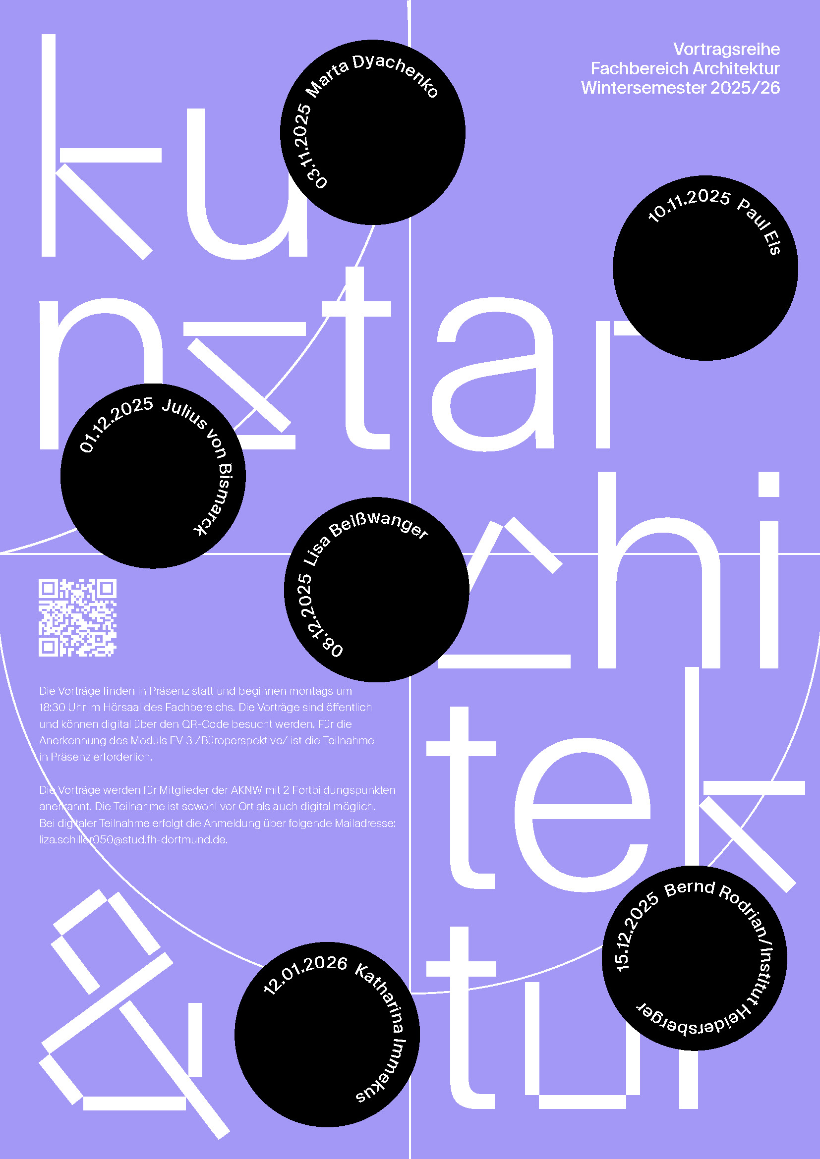 Plakat mit großem hellblauem Text "kunst architektur", überlagert von schwarzen Kreisen, in denen Vorlesungstermine und Referenten für eine universitäre Architekturreihe im Wintersemester 2025/26 aufgelistet sind, gestylt wie ein automatisch gespeicherter Entwurf.