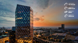 Archicad 27 Signature Building vor Sonnenuntergang mit Statd-Skyline