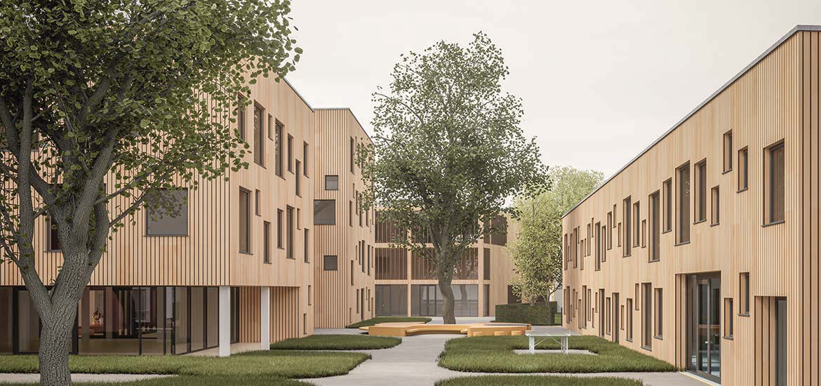 eine darstellung eines innenhofs mit bäumen, holzgebäuden und archicad modellierung.