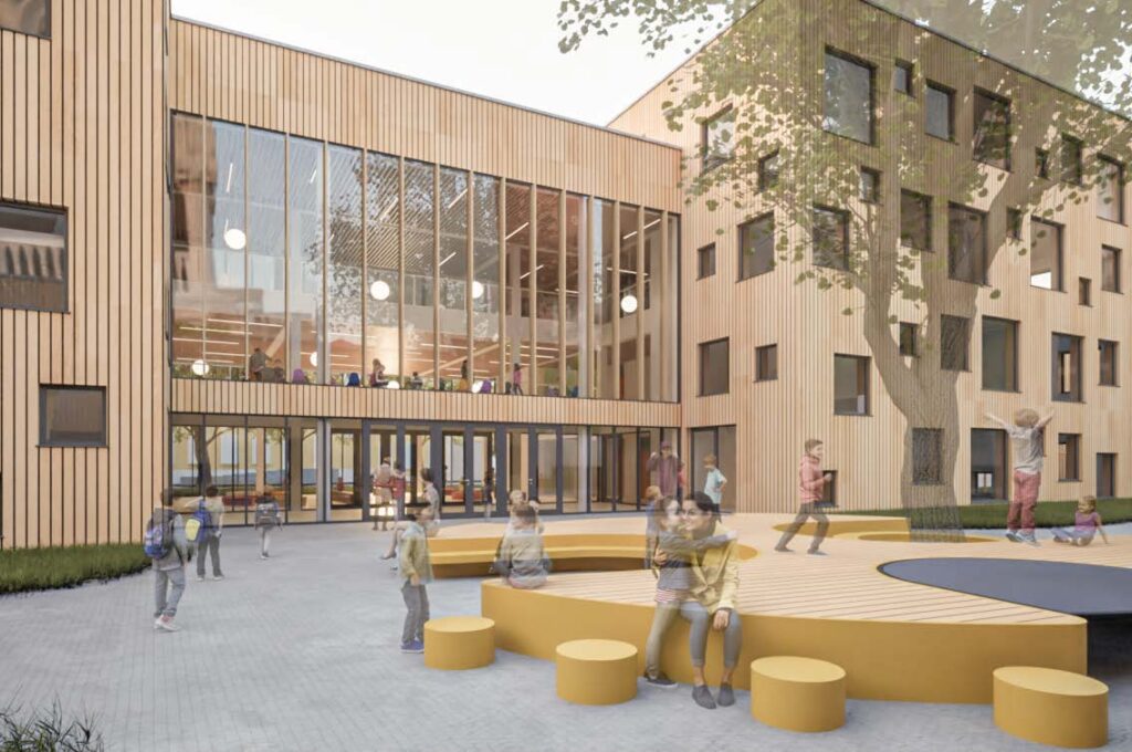 eine künstlerische darstellung eines schulgebäudes, erstellt mit archicad.