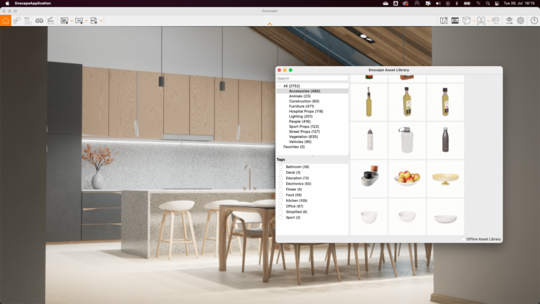 ein screenshot eines enscape 3d küchendesign renderings.
