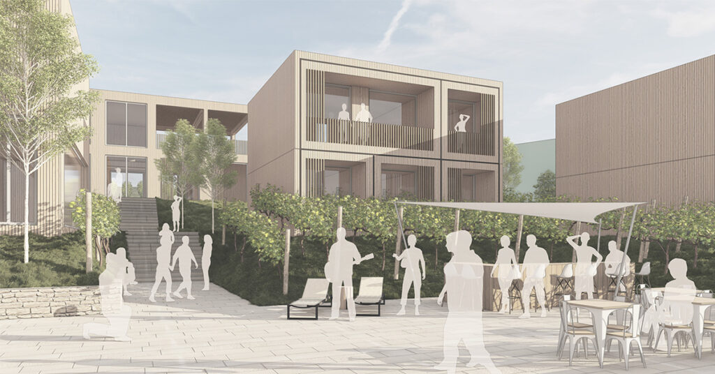 eine künstlerische darstellung eines innenhofs mit menschen draußen, modelliert mit archicad.
