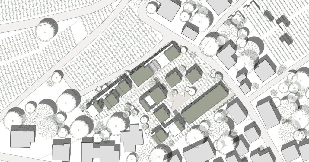 ein mit archicad erstelltes stadtmodell mit zahlreichen bäumen und gebäuden.