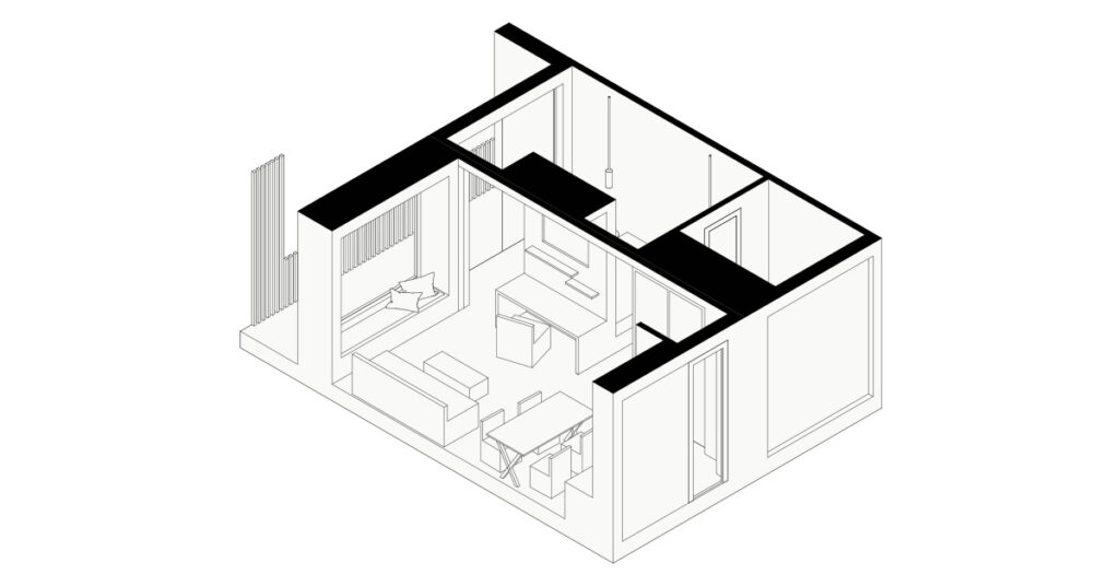 eine schwarz weiße architektonische darstellung einer kleinen wohnung mit archicad.