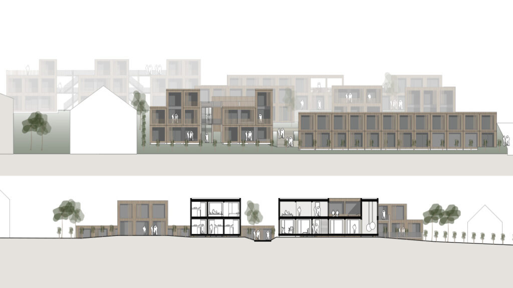 modellbau montag mit archicad: architekturzeichnungen eines hauses und eines gebäudes am hang.