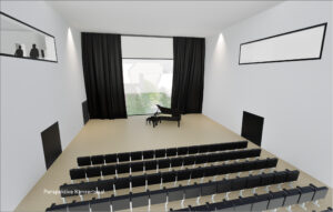 eine 3d darstellung eines auditoriums mit schwarzen stühlen und einem klavier, erstellt für modeling monday mit archicad.