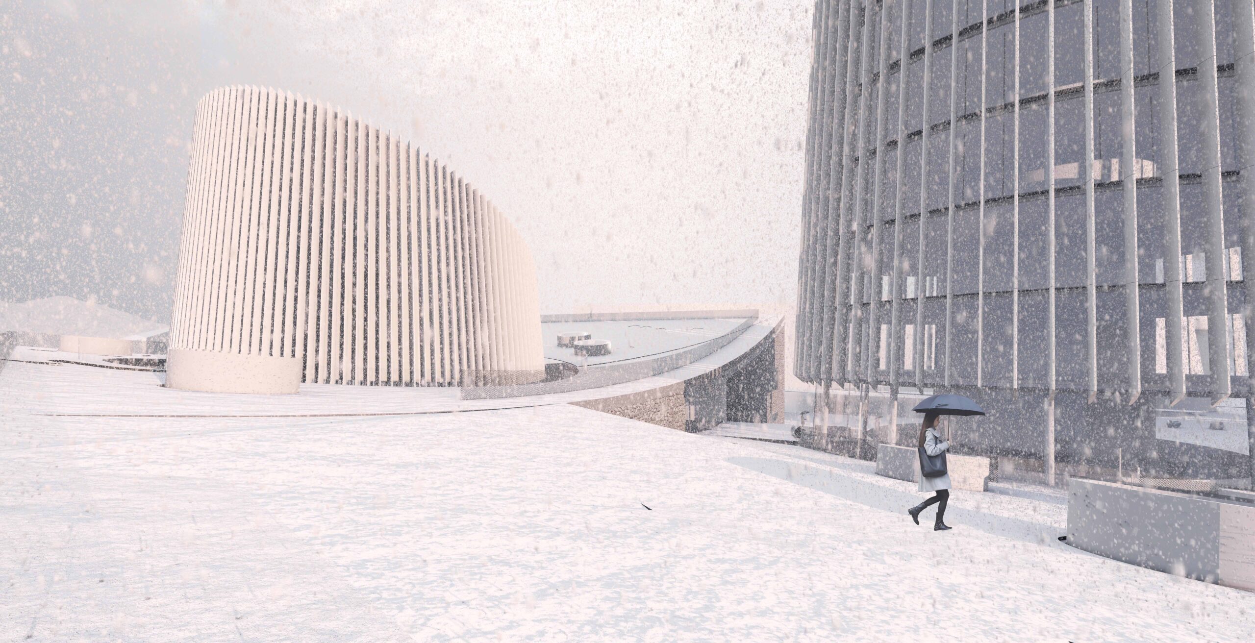 winterszene mit einer person, die einen regenschirm hält und am modeling monday durch schneefall zwischen modernen, geschwungenen gebäuden läuft.