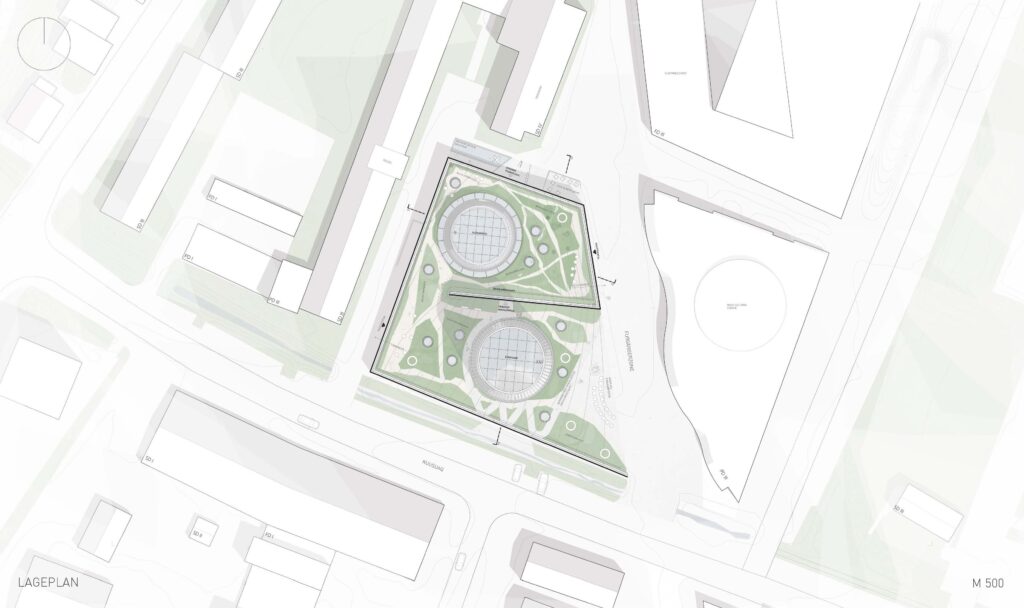 architektonischer lageplan mit zwei kreisförmigen gebäuden mit grünflächen auf einem städtischen raster für modeling monday.