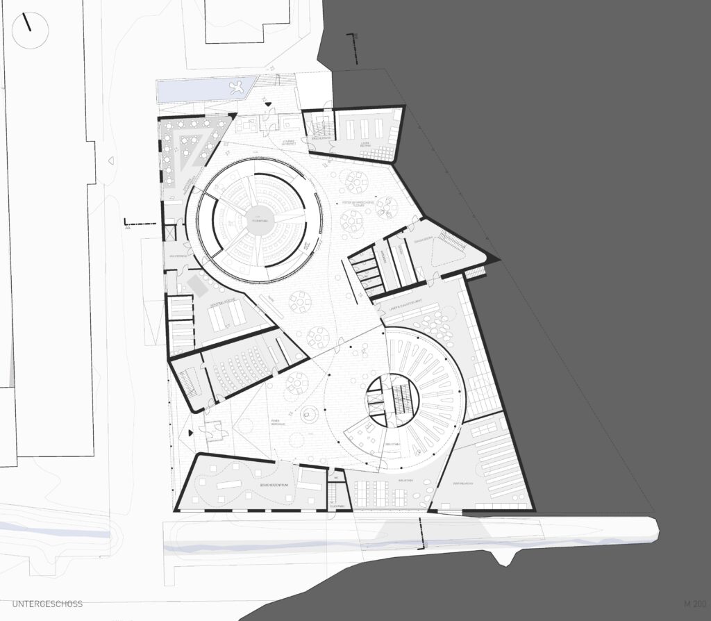 architektonischer grundriss eines gebäudes mit kreisförmigen und eckigen gestaltungselementen, erstellt für modeling monday in archicad.