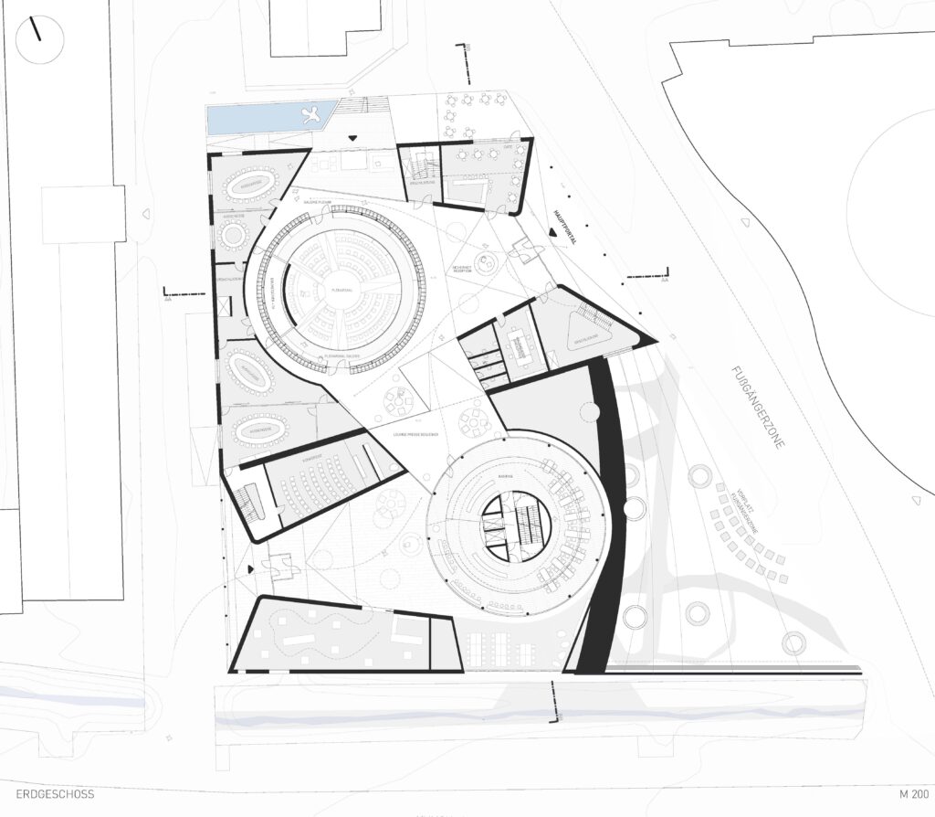 architektonischer grundriss eines modernen gebäudes mit kreisförmigen und geometrischen designelementen, erstellt für modeling monday mit archicad.