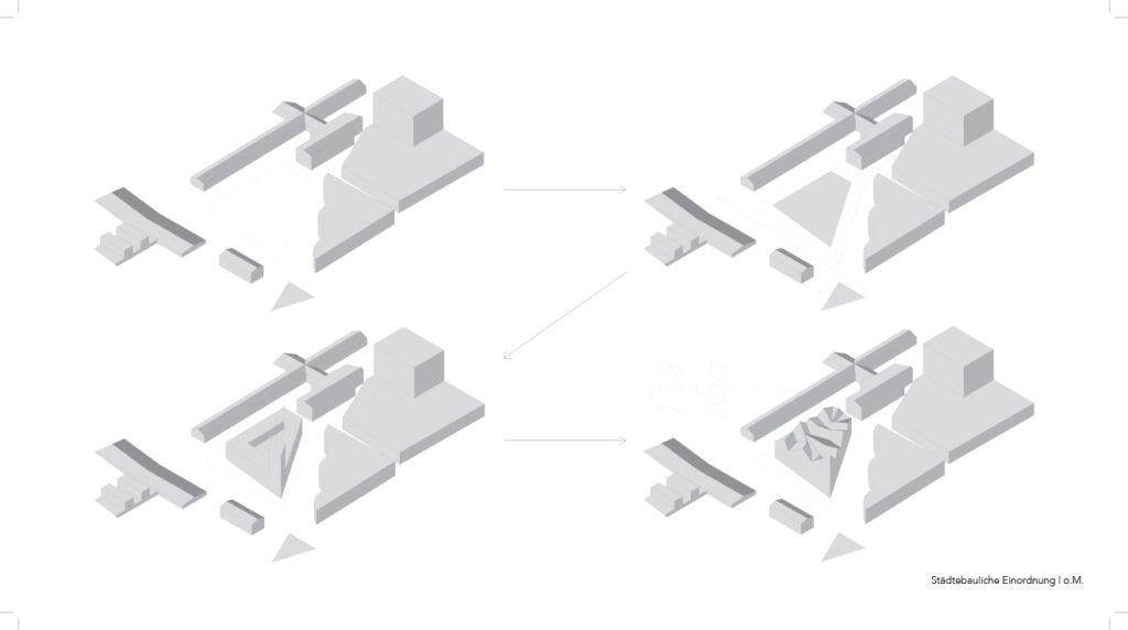 vier isometrische zeichnungen eines gebäudes, erstellt mit der modellierungssoftware archicad.