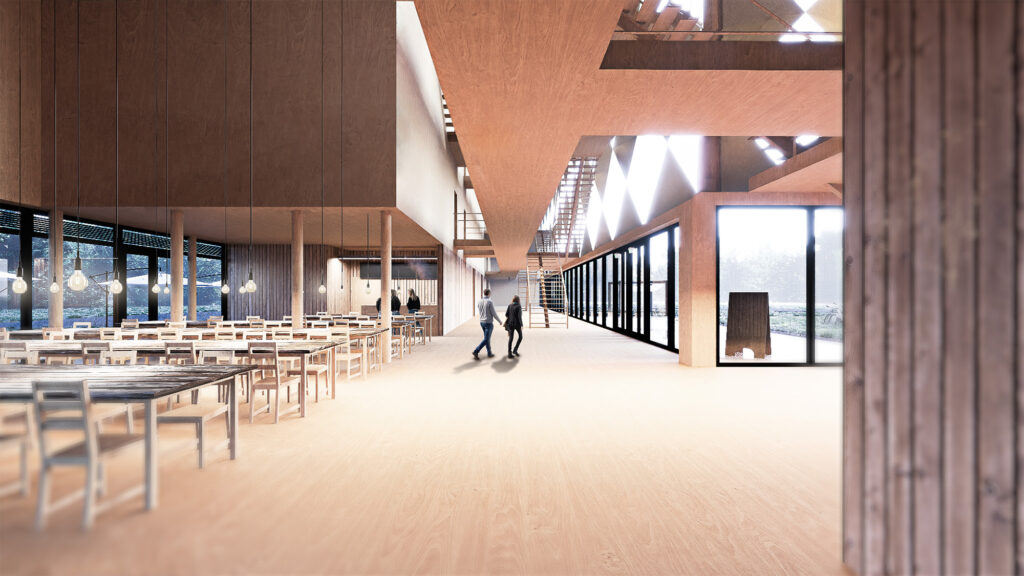 eine darstellung eines esszimmers mit tischen, stühlen und archicad modellierung.