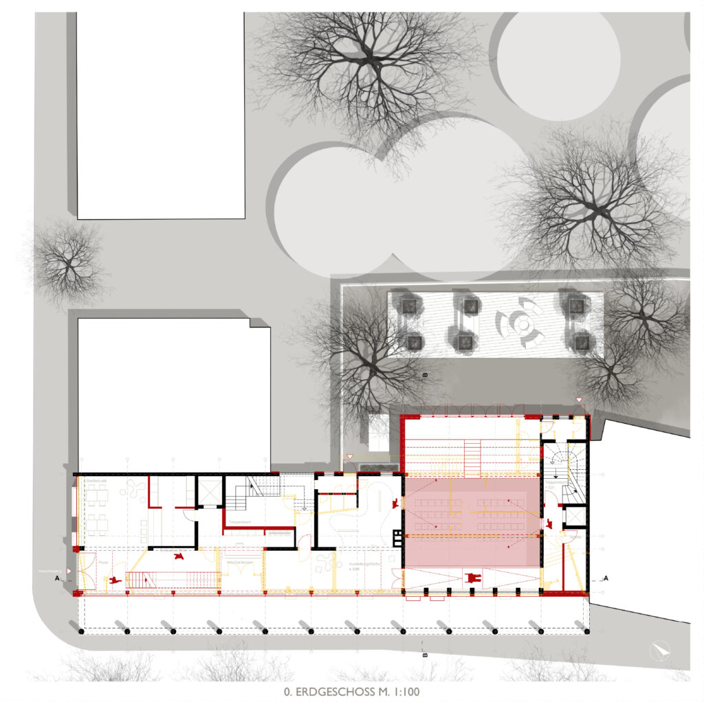 ein grundriss eines gebäudes mit roten bäumen für modeling monday, erstellt in archicad.