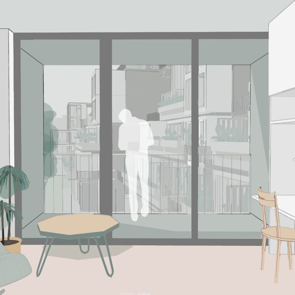 eine illustration eines wohnzimmers mit einer glastür, erstellt mit archicad zum modellieren.