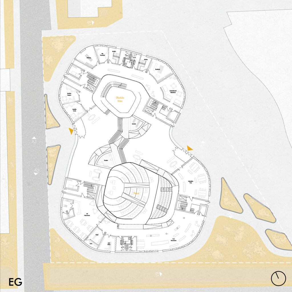 ein grundriss eines gelben gebäudes, modelliert mit archicad.