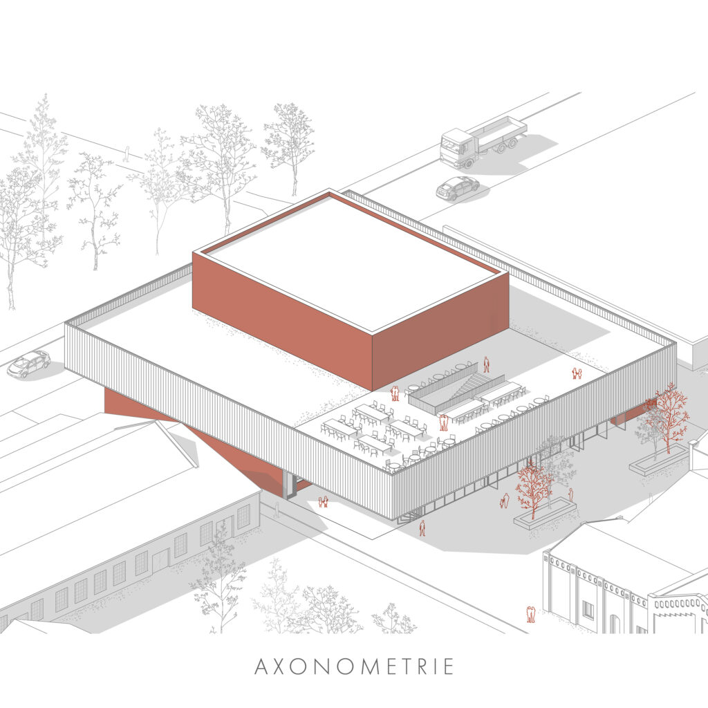 eine architektonische darstellung eines gebäudes mit rotem dach, erstellt mit archicad.