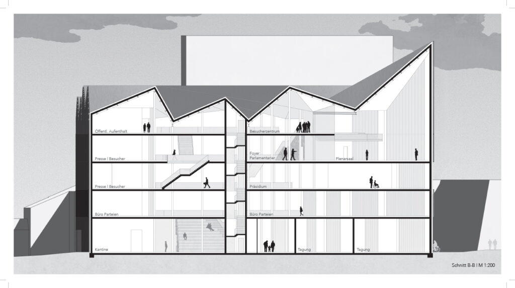 eine schwarz weiß zeichnung eines gebäudes, erstellt durch modellierung in archicad.