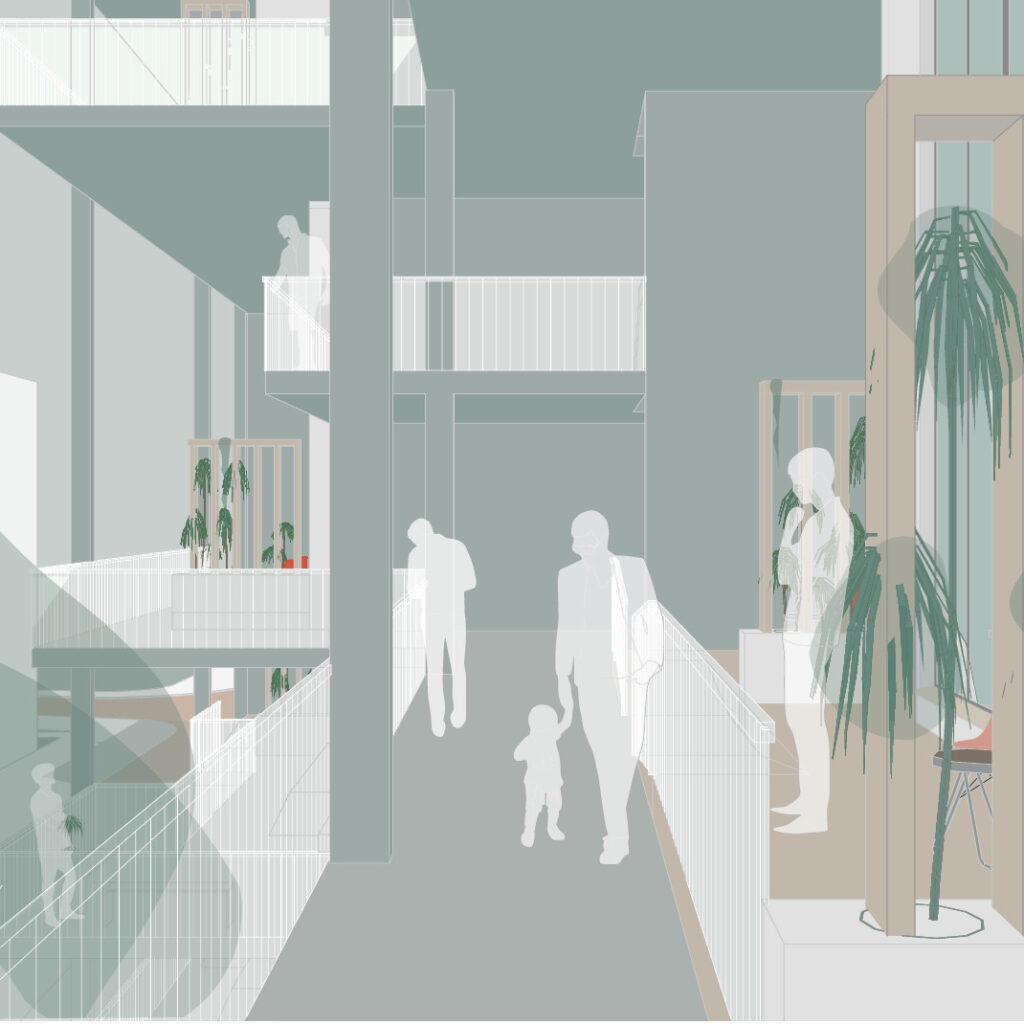 mit der archicad software habe ich ein präzises 3d modell erstellt, das personen zeigt, die in einem gebäude spazieren gehen. diese atemberaubende visualisierung zeigt die vernetzung und lebendige atmosphäre des architektonischen raums.