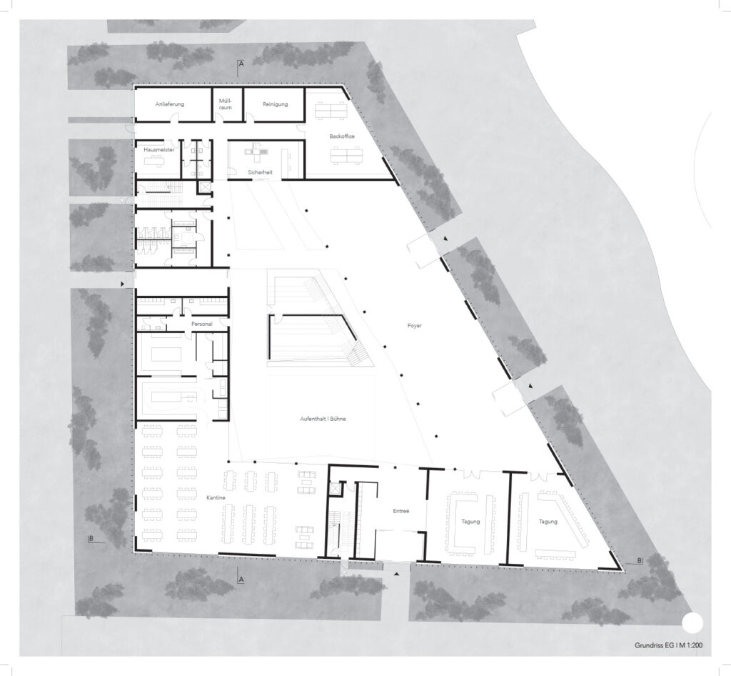 ein mit archicad modellierter grundriss eines gebäudes mit einem zentral platzierten dreiecksdesign.