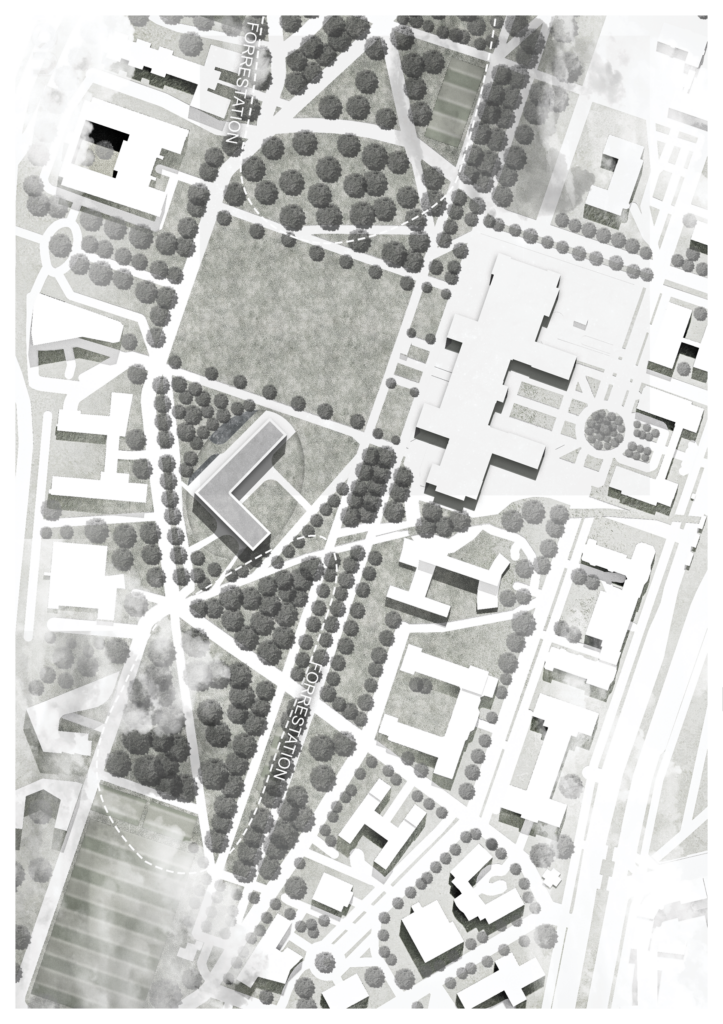 eine schwarz weiße architektonische darstellung eines campus.