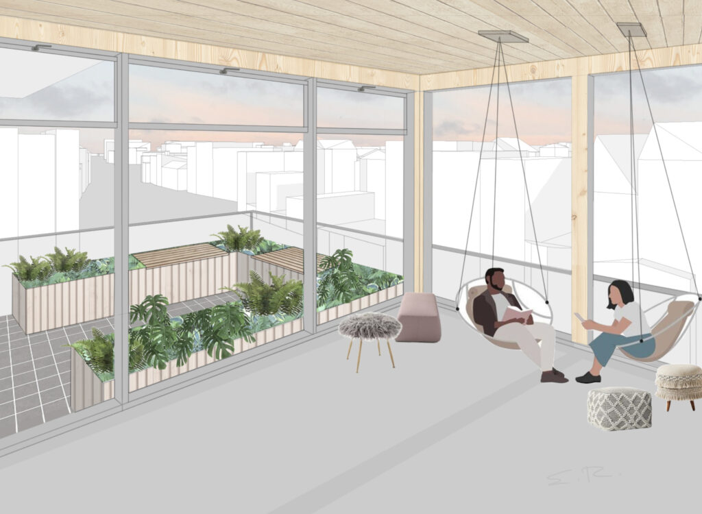 eine mit archicad erstellte darstellung eines balkons mit zwei personen, die auf schaukeln sitzen.