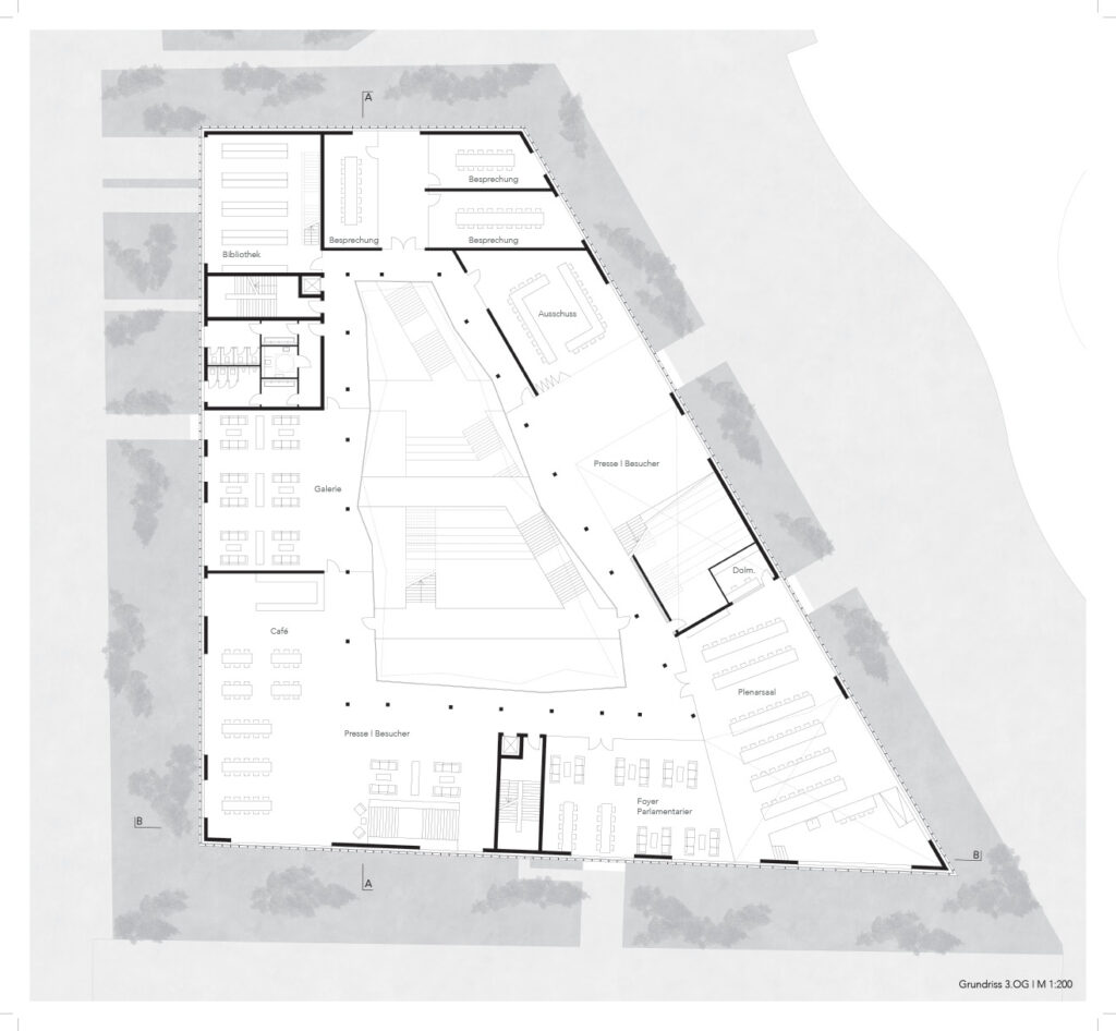 ein in archicad modellierter grundriss eines gebäudes mit dreiecksform.