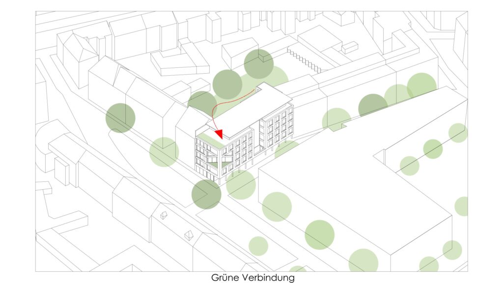 ein diagramm eines gebäudes mit einem roten punkt in der mitte, das die architekturmodellierung veranschaulicht.