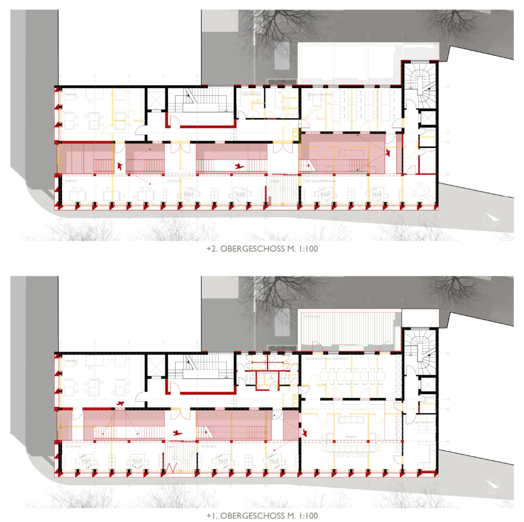 zwei grundrisse eines gebäudes mit roten und weißen linien, modelliert in archicad.