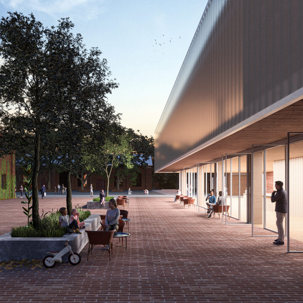 eine darstellung eines gebäudes mit draußen sitzenden menschen, erstellt mit archicad.