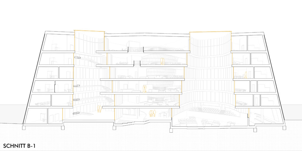 eine montagsskizze, die ein in archicad modelliertes gebäude mit einer wendeltreppe zeigt.