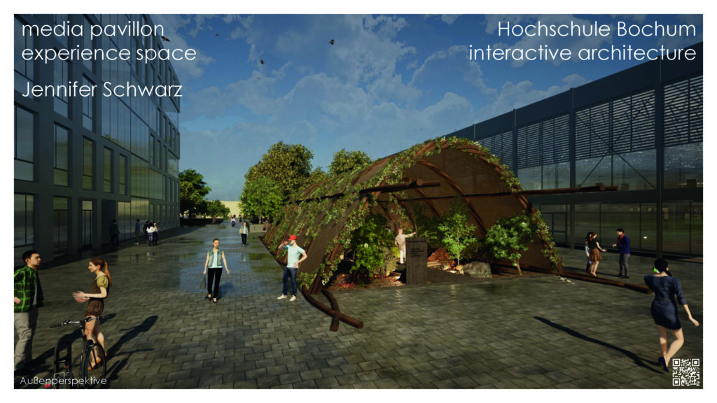 die auf archicad erstellte architekturdarstellung zeigt einen futuristischen pavillon mit in die struktur integrierten lebenden pflanzen, gelegen in einem belebten stadtgebiet mit interagierenden menschen.