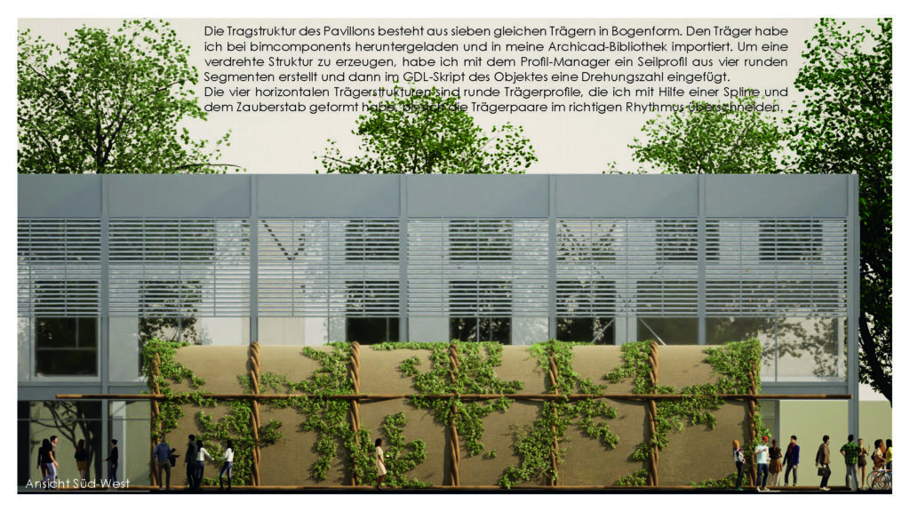 moderne gebäudefassade mit einer reihe rechteckiger horizontaler lamellen, die einen vertikalen garten überlagern, erstellt für modeling monday mit archicad.