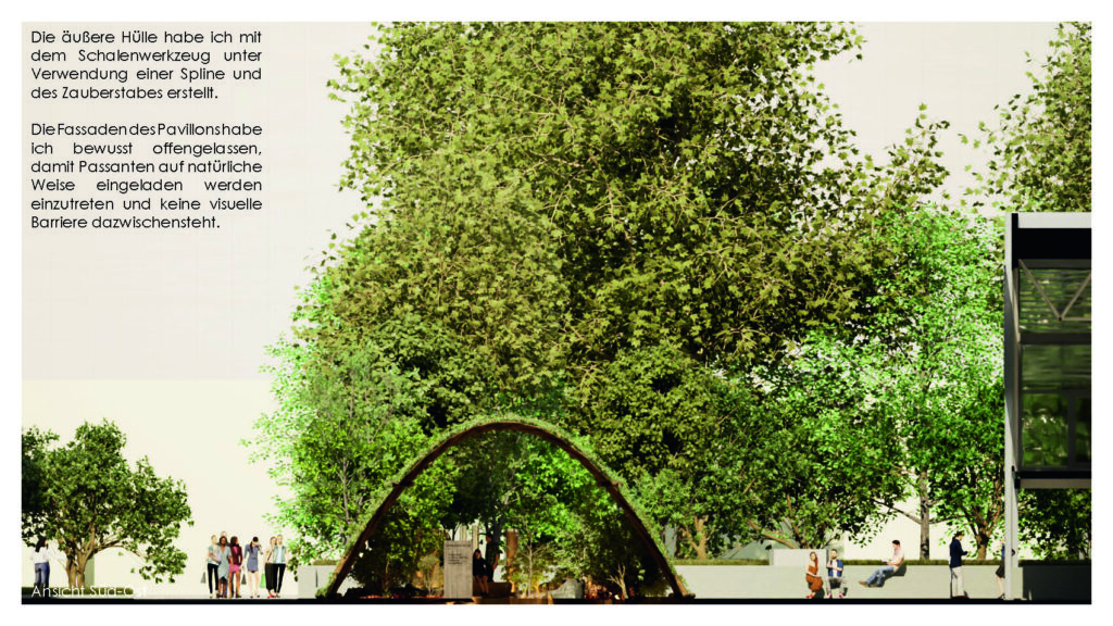 für modeling monday erstellte architektonische darstellung eines grünen stadtraums mit bäumen und einer reflektierenden torbogeninstallation.