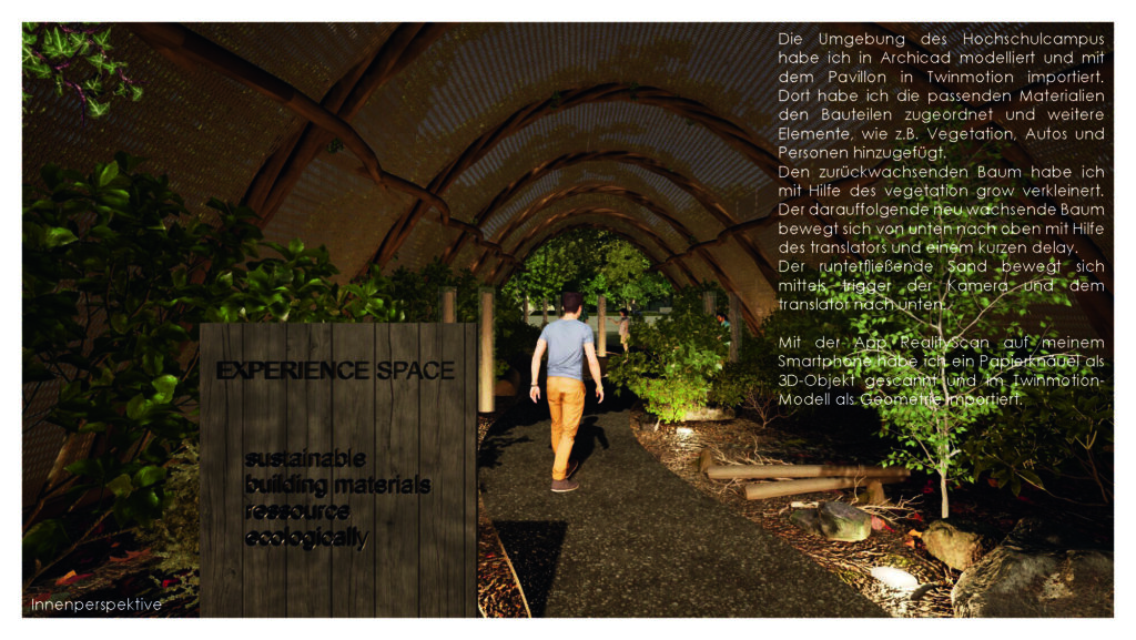 ein mann geht durch ein tunnelartiges gewächshaus mit einem holzweg, umgeben von üppigen grünen pflanzen, der nachhaltige architektur und harmonie mit der natur widerspiegelt und die essenz von modeling monday verkörpert.