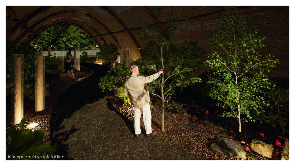 eine person in einem hellen anzug modelt für „modeling monday“ mit einer pflanze in einem geschwungenen, beleuchteten tunnelweg bei archicad nacht.