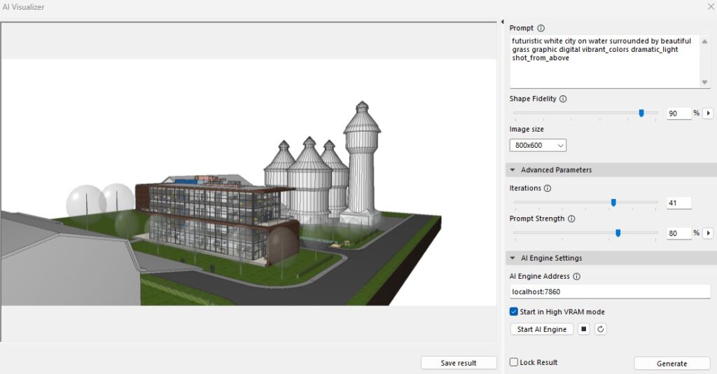 ein mit archicad erstelltes 3d modell eines gebäudes, gerendert mit ai visualizer in 3ds max.