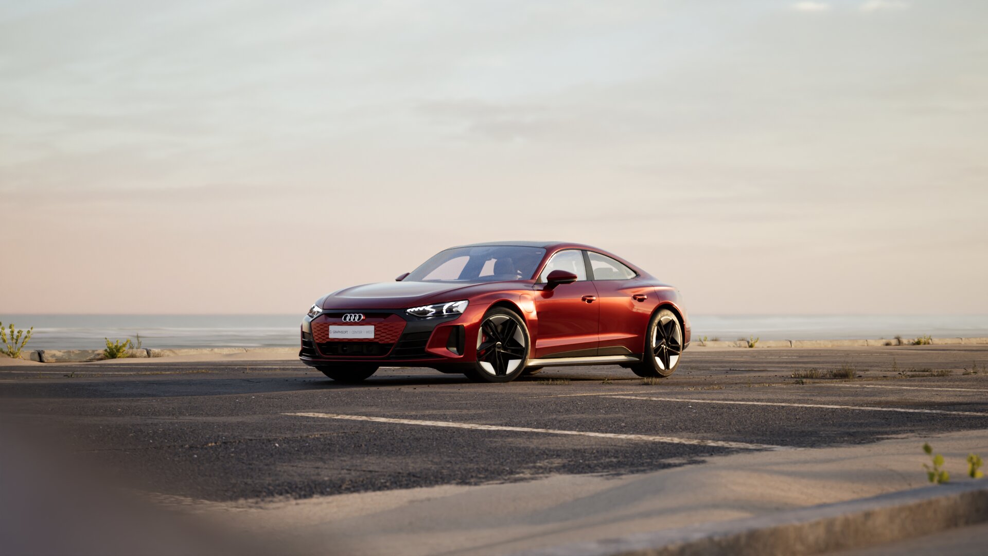 ein roter audi tt parkte auf einem parkplatz am meer. [schlüsselwörter: vorlage]