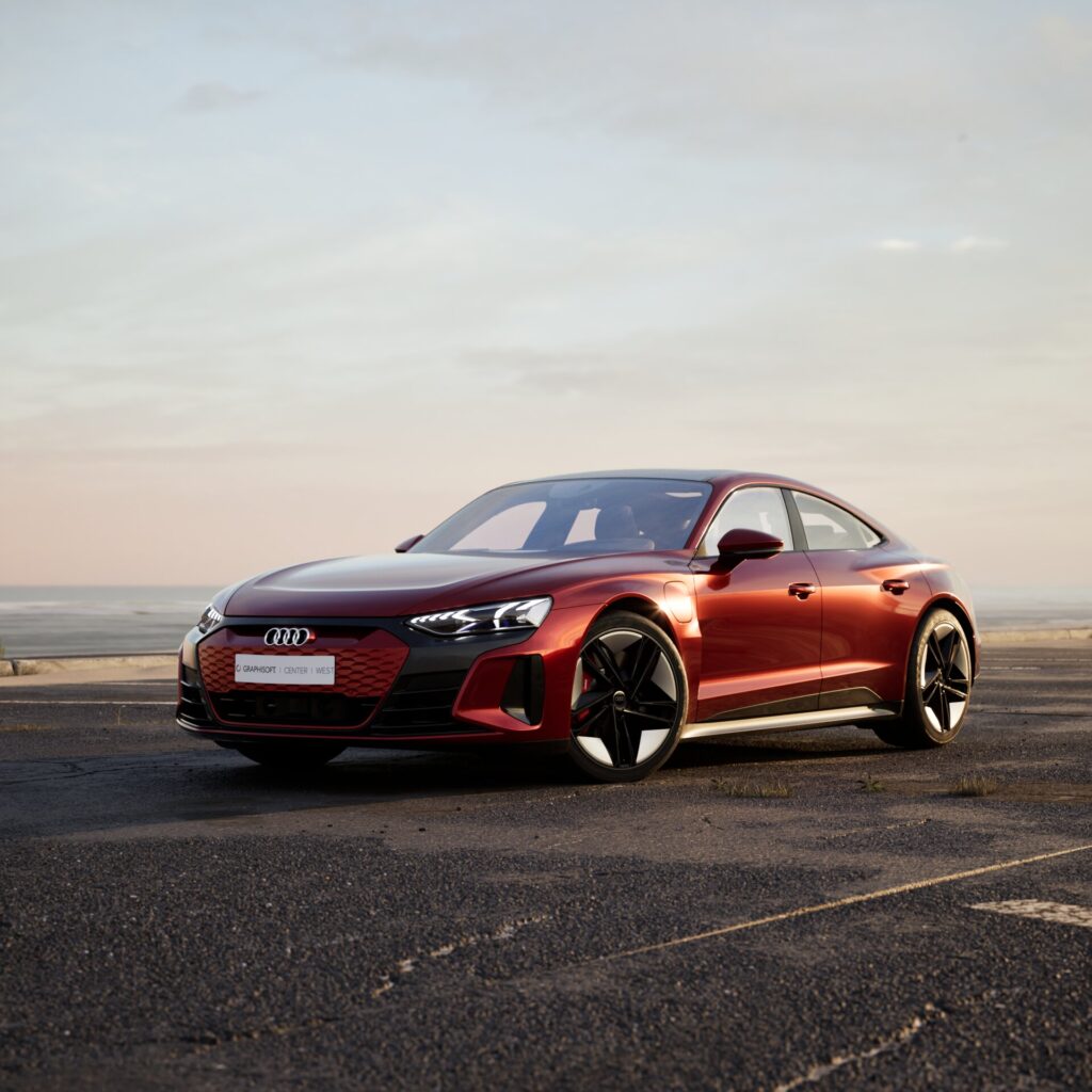 das rote audi s7 coupé parkt auf einer verlassenen straße, festgehalten in einer twinmotion vorlage.