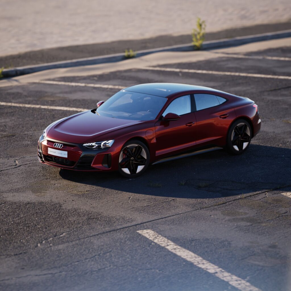 ein roter audi, der auf einem parkplatz geparkt ist, jetzt als twinmotion vorlage verfügbar.