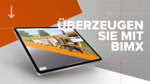 Ein Tablet, das ein 3D-Architekturmodell im Querformat auf einer schrägen orangefarbenen Oberfläche anzeigt. Der Text auf Deutsch lautet „ÜBERZEUGEN SIE MIT BIMX“ und ein Pfeil zeigt nach links unten und demonstriert die Leistungsfähigkeit der Architektursoftware Archicad 28 für die Gebäudeplanung.