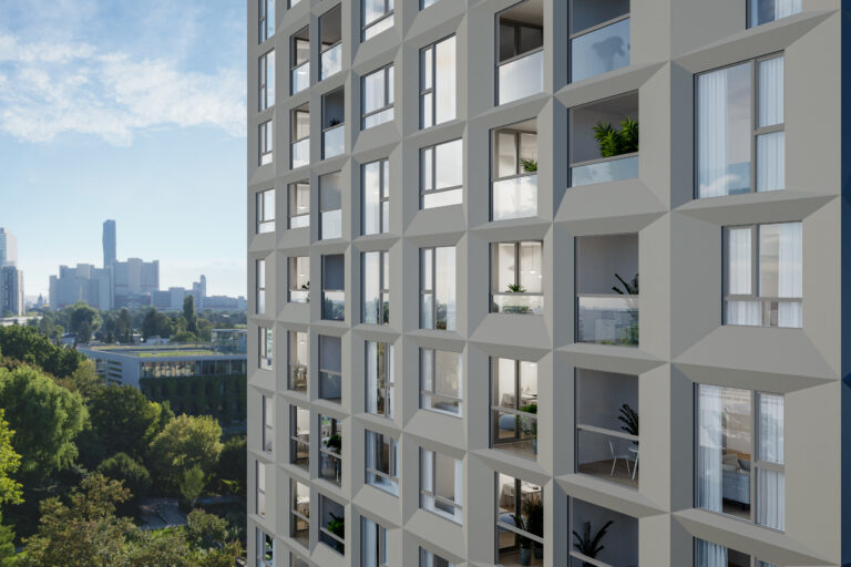 Ein modernes Wohnhochhaus mit geometrischen Fenstermustern und Balkonen vor einer Stadtsilhouette mit Bäumen im Vordergrund.