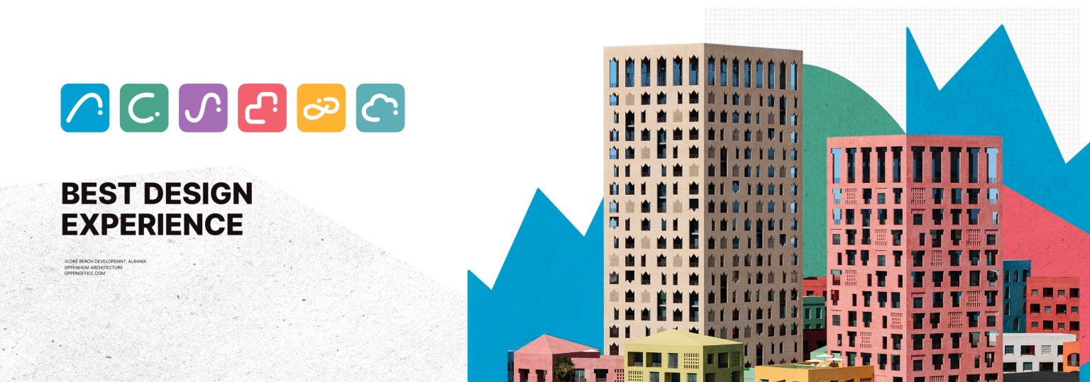 Grafik mit dem Text „BEST DESIGN EXPERIENCE“ über zwei modernen Gebäuden – eines in Beige und eines in Rosa –, vor dem Hintergrund abstrakter geometrischer Formen.