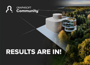 Werbebild für Graphisoft Community mit einem modernen Gebäudedesign und dem Text „RESULTS ARE DA!“ vor einem Waldhintergrund.