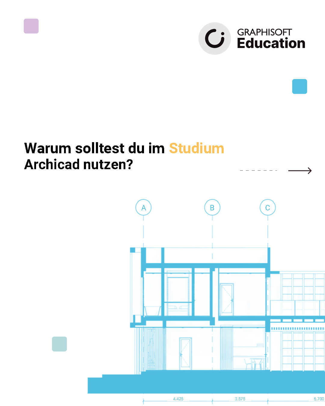Graphisoft-Bildungsflyer auf Deutsch mit einer blauen architektonischen Schnittzeichnung und dem Text: „Warum solltest du im Architekturstudium Archicad für deinen Entwurf nutzen?“.