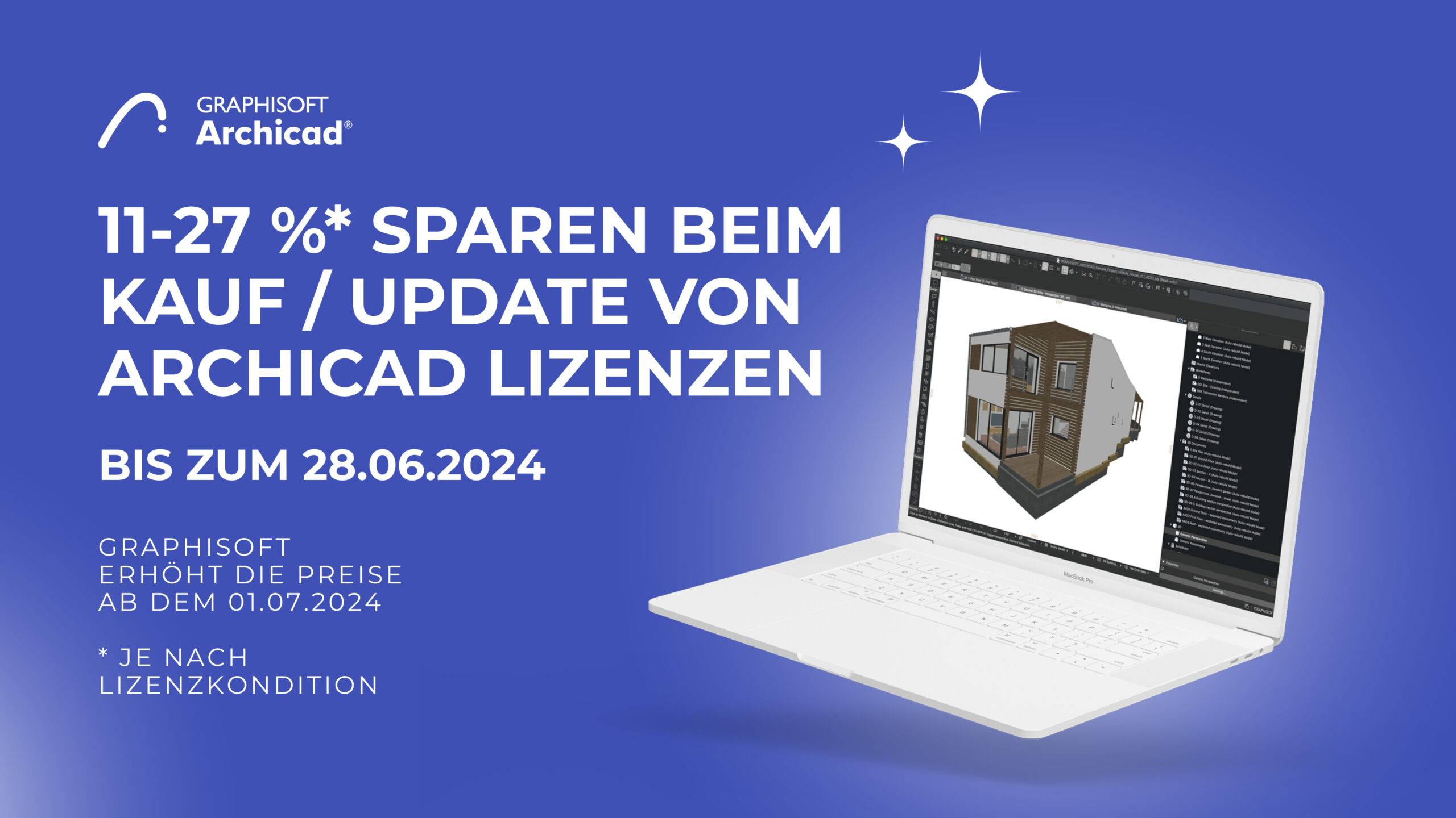Werbebild für die GRAPHISOFT Archicad-Software mit Ersparnissen bei Archicad-Lizenzen, einem Laptop mit einem Architekturmodell und Details zur Preisanpassung ab 01.07.2026. Angebote gültig bis 28.06.2024.